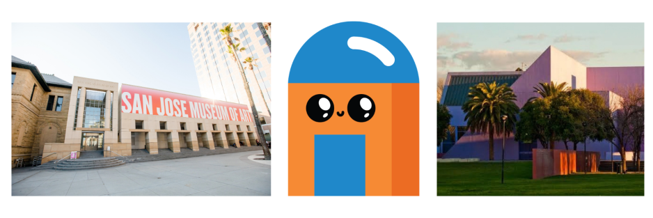 Collage featuring, from left, the exterior of the San José Museum of Art, photographed by Gary Sexton; Domi, The Tech Interactive’s colorful mascot; and the exterior of the Children’s Discovery Museum of San José.