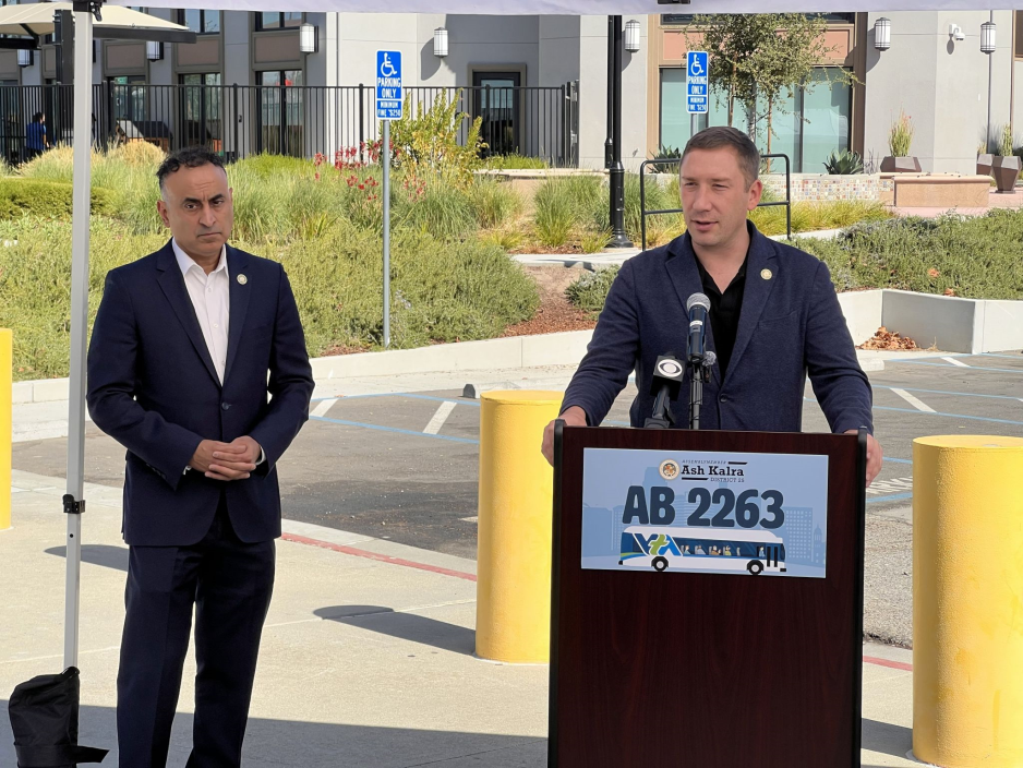 Assemblymember Patrick Ahrens addresses press conference; Assemblymember Ash Kalra looks on in background