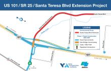 Map showing the US 101/SR 25/Santa Teresa Boulevard Extension Project. Highlights include road improvements, new bridge crossings, a Class I bike path, signalized intersections, and the proposed Santa Teresa Boulevard extension connecting to Castro Valley Road.