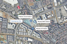 the Milpitas Transit Center, including the Bus Depot, Milpitas BART Station, and VTA Light Rail Stop.