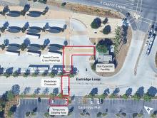 An aerial overview of the Eastridge Transit Center Crosswalk Project, outlining the location of the pedestrian crosswalk and the Transit Center crosswalk markings. The image also shows approximately six parking spots that will serve as the temporary construction staging area.