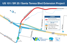 Map showing the US 101/SR 25/Santa Teresa Boulevard Extension Project. Highlights include road improvements, new bridge crossings, a Class I bike path, signalized intersections, and the proposed Santa Teresa Boulevard extension connecting to Castro Valley Road.